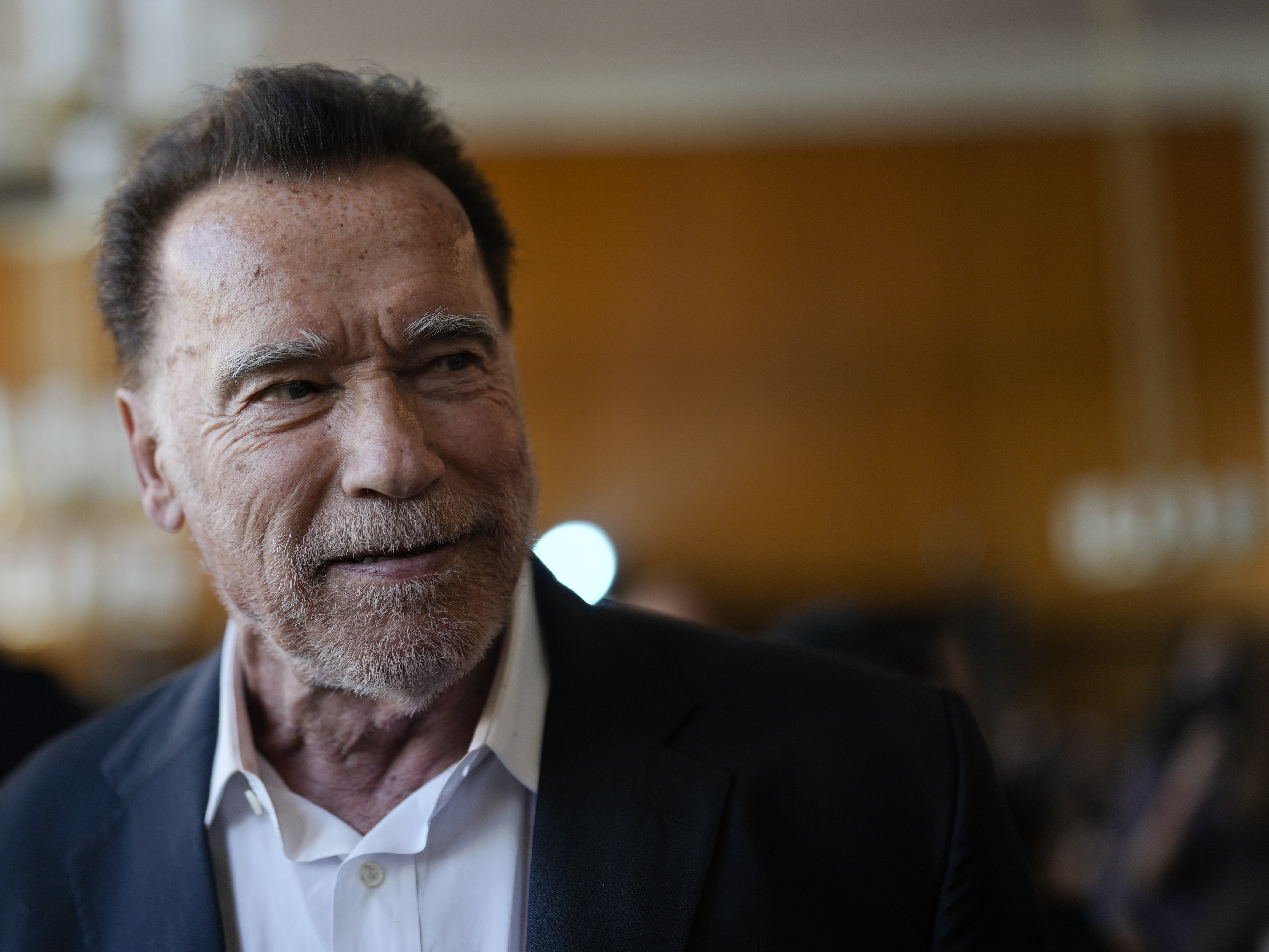 caption: Former California governor and actor Arnold Schwarzenegger arrives for a ceremony to receive a honorary doctorate by the Hertie School, a university of governance, in Berlin, on Sept. 17.