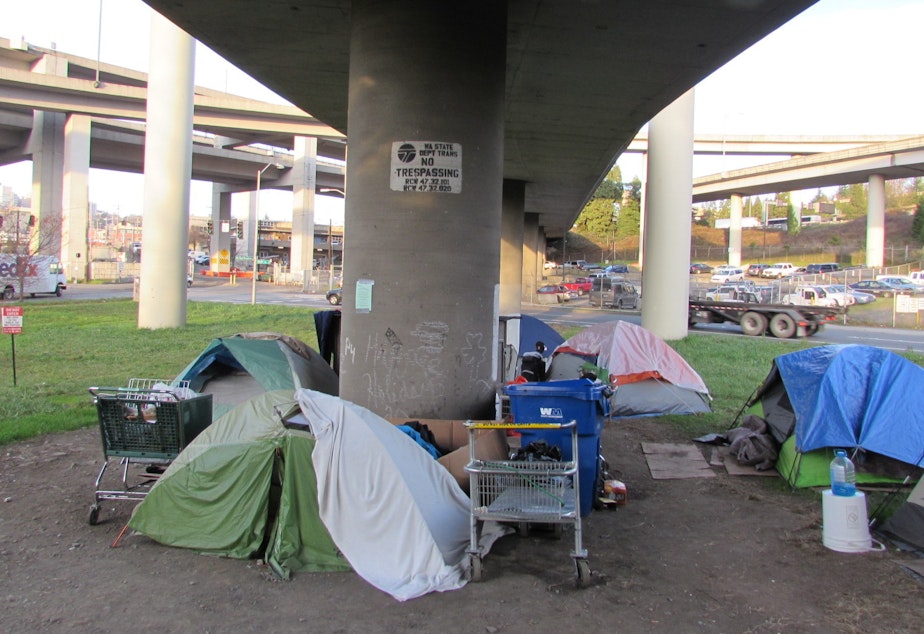 caption: A homeless camp beneath an Interstate 5 off-ramp in Seattle's SODO district.