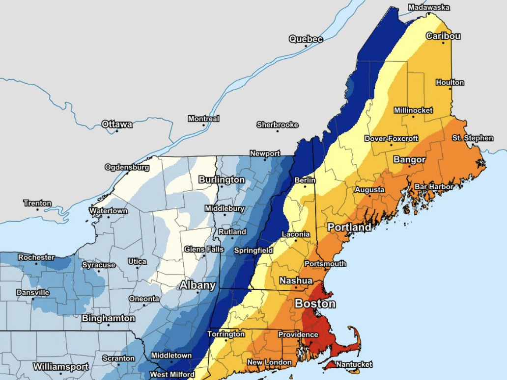 caption: A forecast map of the snow storm set to hit the Northeast.