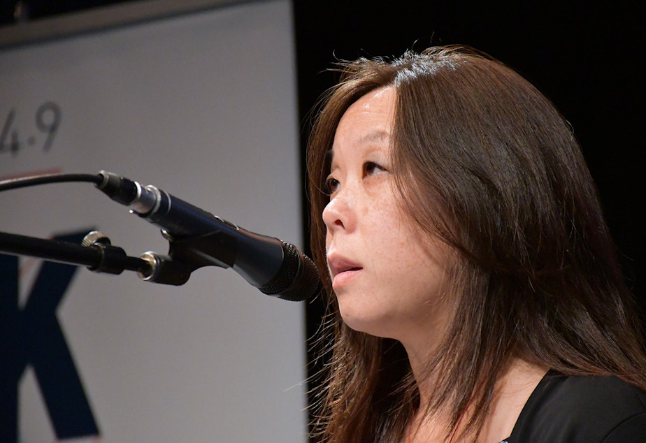 caption: Shin Yu Pai performs her story at KUOW's Stories from THE WILD event on Friday, October 11, 2019, at McCaw Hall in Seattle.