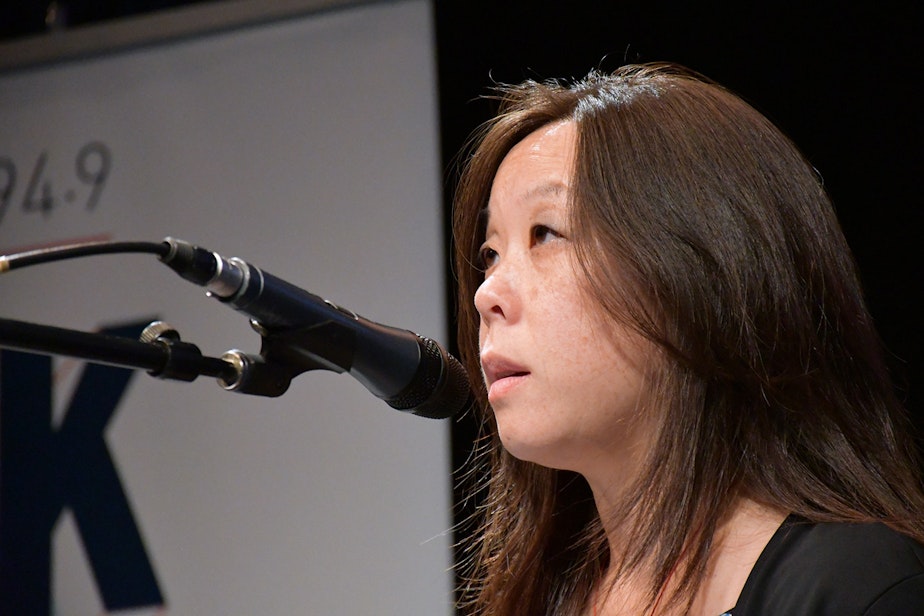 caption: Shin Yu Pai performs her story at KUOW's Stories from THE WILD event on Friday, October 11, 2019, at McCaw Hall in Seattle.