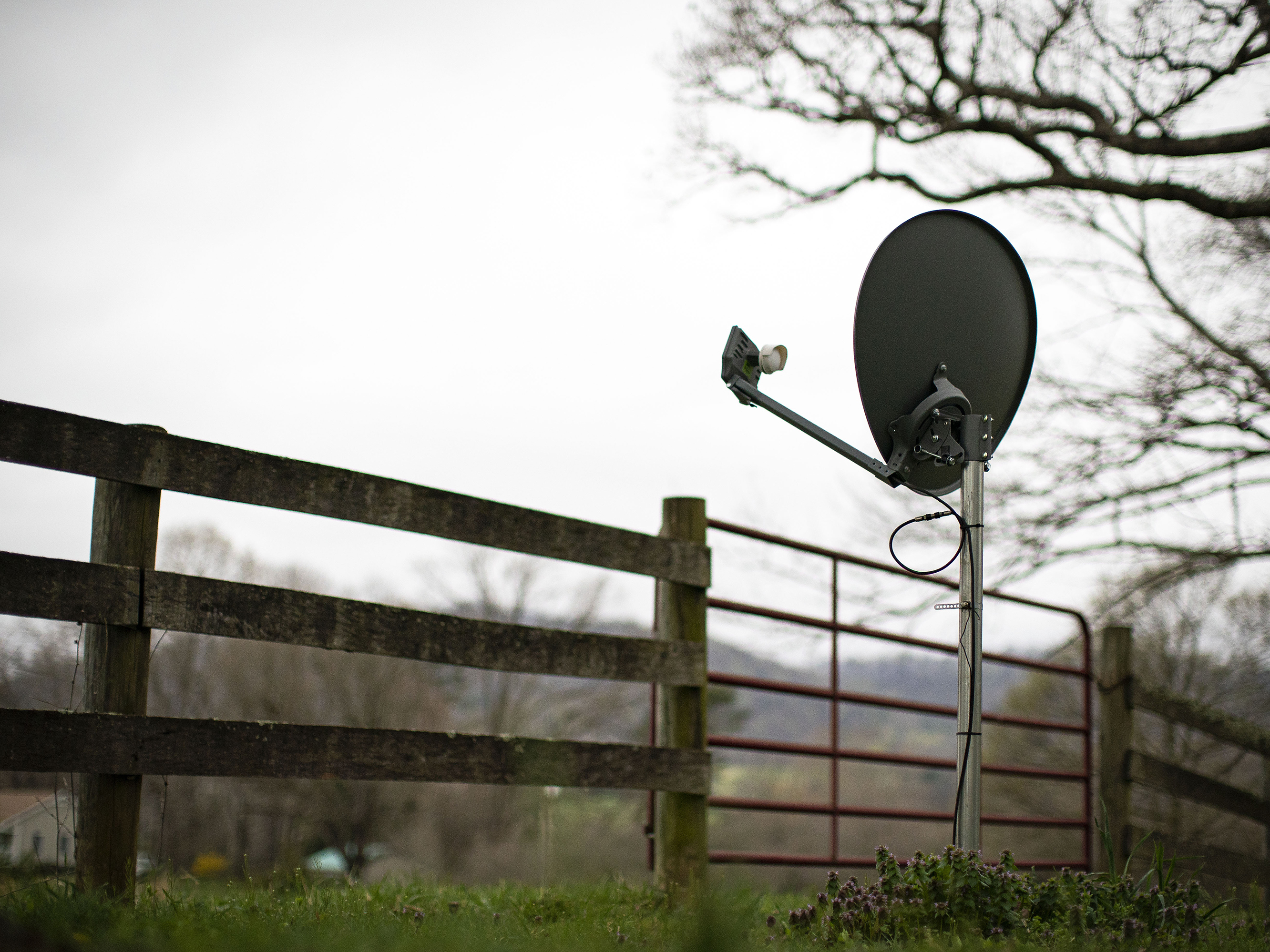 caption: A Viasat internet satellite dish in the yard of a house in Madison, Virginia, U.S., on Wednesday, March 31, 2021.