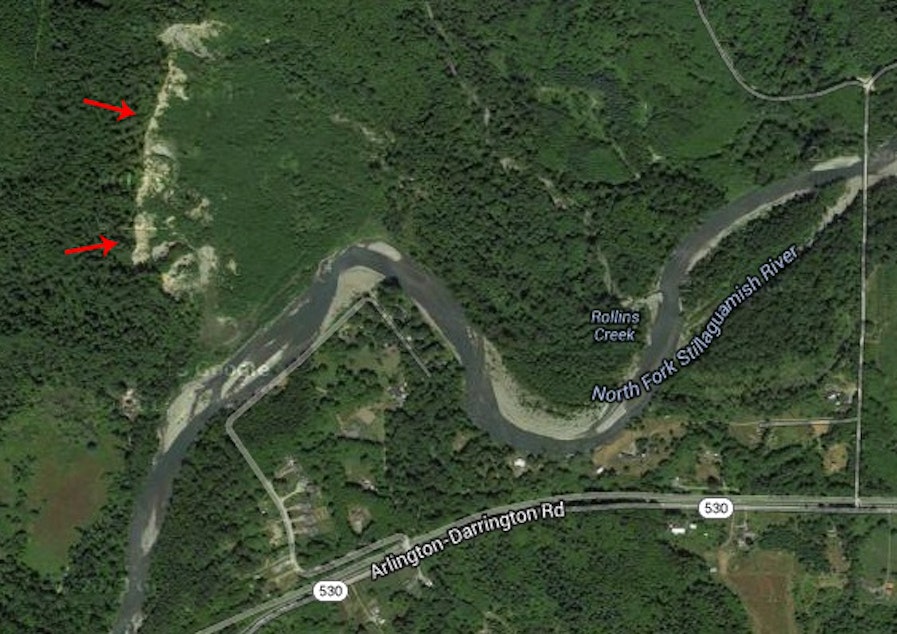 caption: An image from Google Earth, taken before the current slide, shows the scars from a landslide that took place at the same spot in 2006.
