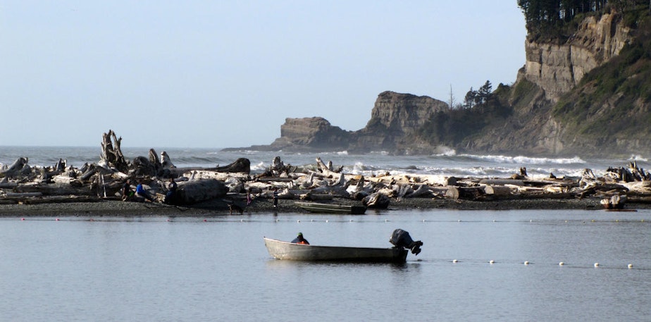 caption: A Quinault tribal fisherman brings up his nets near the mouth of the river. Tribal families have worked the same fishing grounds along this river for generations.