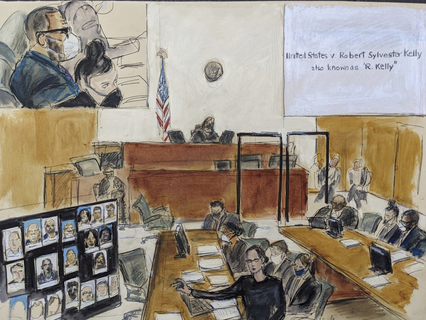 caption: In this illustration drawn from a video feed, the prosecution presents its closing argument in the New York federal trial against singer R. Kelly. on Wednesday, Sept. 22.