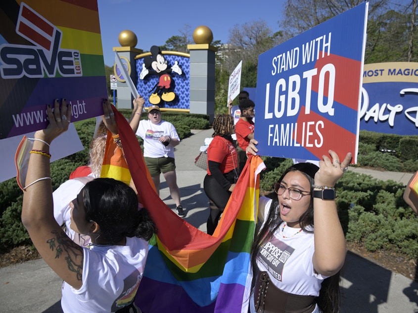 caption: LGBTQ advocates march at a rally at Walt Disney World in Orlando, Fla., to urge the company to publicly oppose what they call the "Don't Say Gay" that aims to limit instruction of gender identity and sexual orientation in schools.