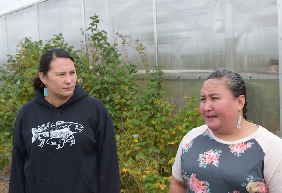 caption: Sisters and Igiugig Village Council members AlexAnna Salmon, left, and Christina Salmon