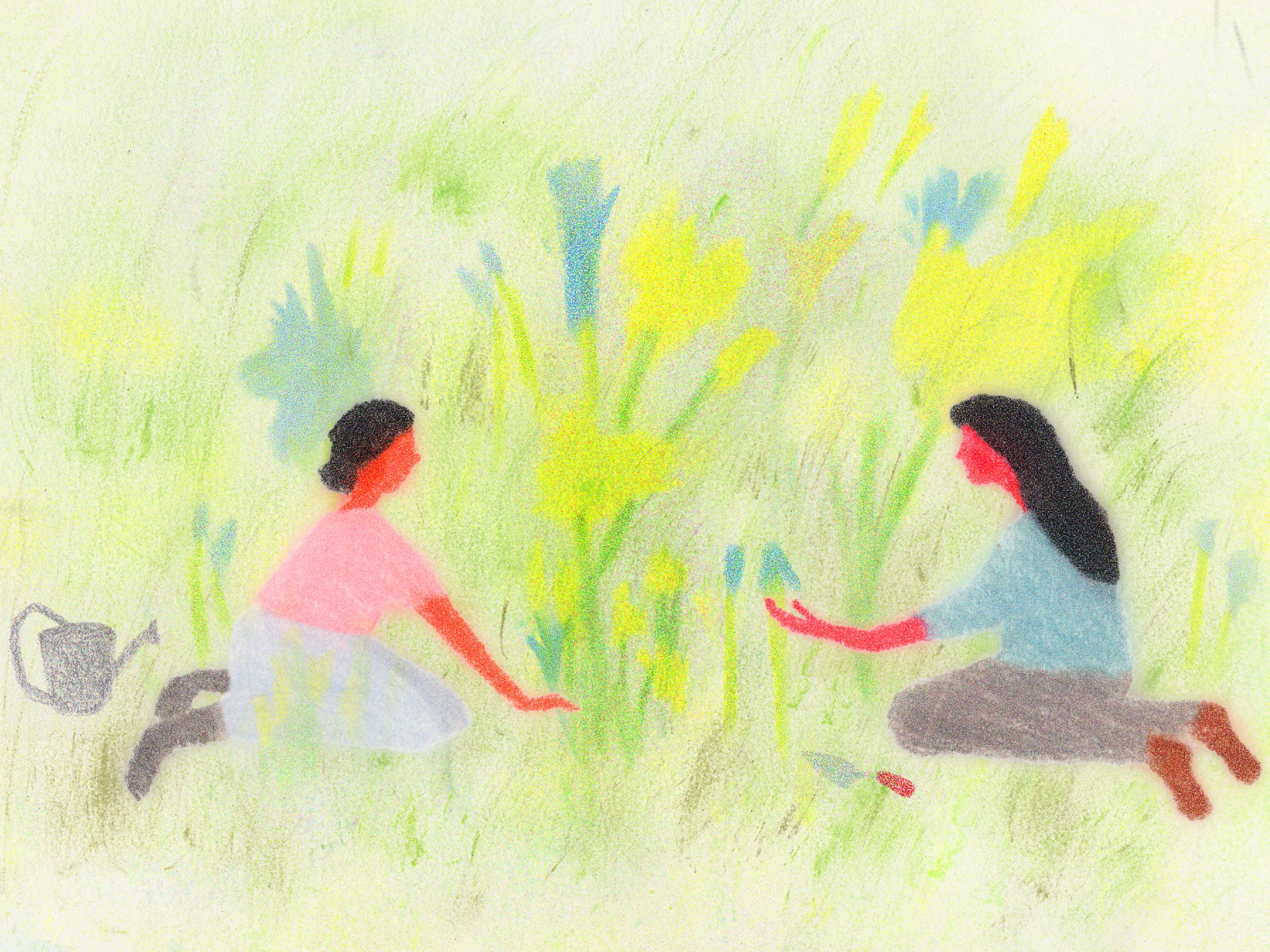 An illustration in an oil pastel style shows two figures sitting on the grass in a field, working together to plant and harvest a garden of beautiful flowers. Their connection and collaboration is fostering fruitful growth, symbolizing the power of connection to grow understanding and relationships.