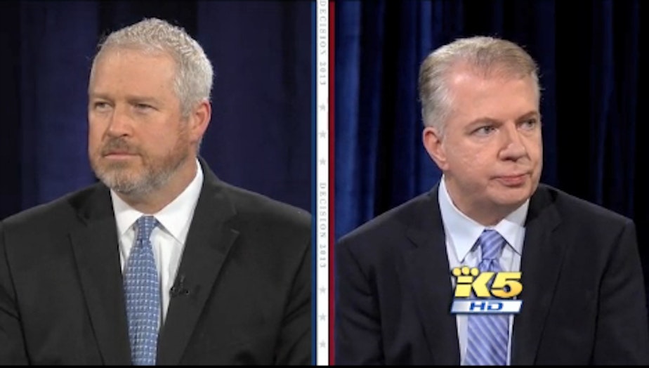 caption: Screen shot of Mayor Mike McGinn and State Senator Ed Murray in their first televised debate of the Seattle mayor's race