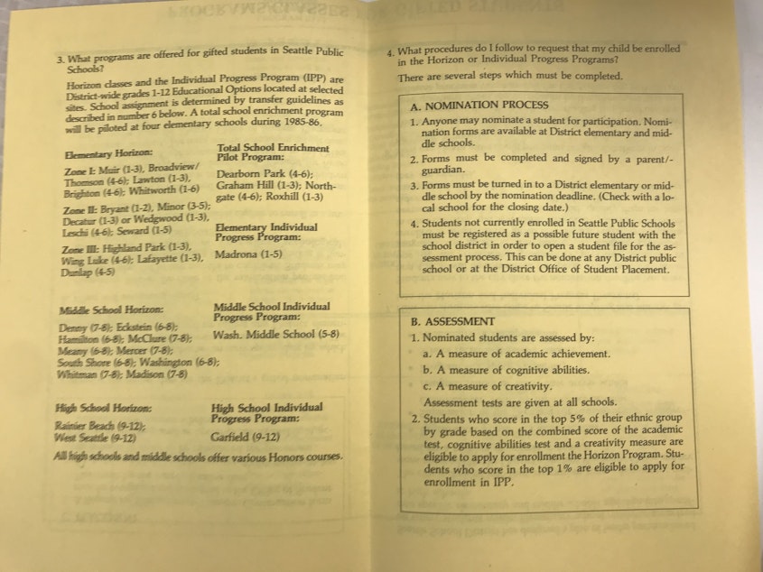 caption: A pamphlet describing the new iteration of Horizon and IPP meant to desegregate the programs. Horizon catered to students who scored in the 95th percentile; IPP to those who scored in the 99th percentile?