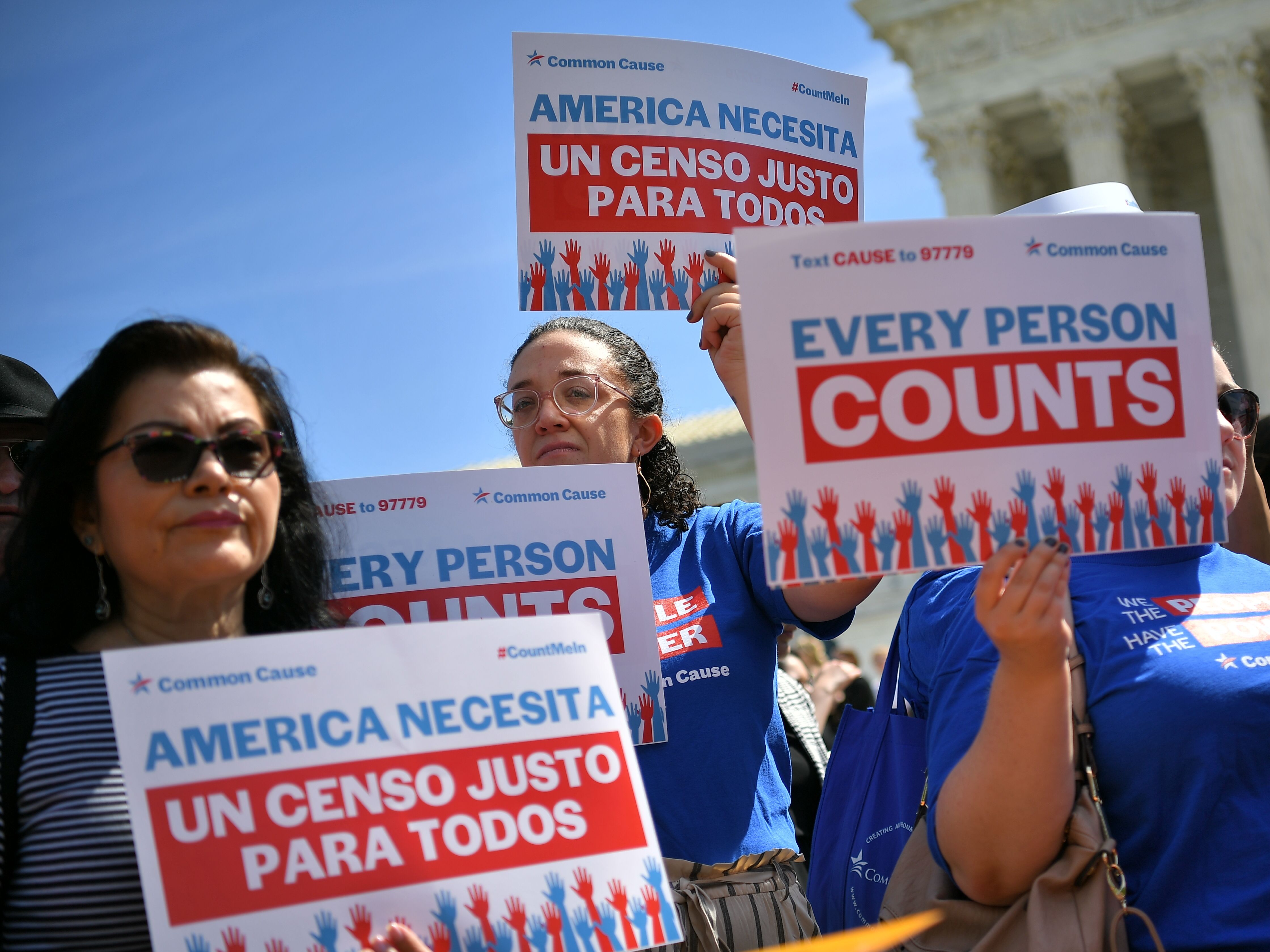 caption: Demonstrators rally outside the U.S. Supreme Court in Washington, D.C., in 2019 to protest the first Trump administration's failed push to add a question about a person's U.S. citizenship status to 2020 census forms.