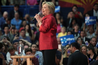 caption: Hillary Clinton speaking with supporters at a campaign rally at Carl Hayden High School in Phoenix, Arizona in March 2016.