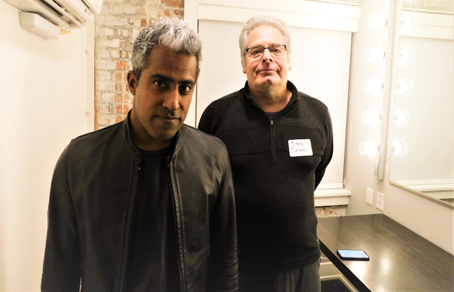 caption: Anand Giridharadas with Steve Scher at Town Hall Seattle