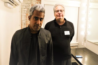 caption: Anand Giridharadas with Steve Scher at Town Hall Seattle