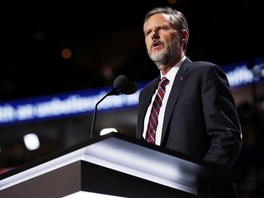 caption: Jerry Falwell Jr. delivers a speech during the 2016 Republican National Convention in Cleveland.