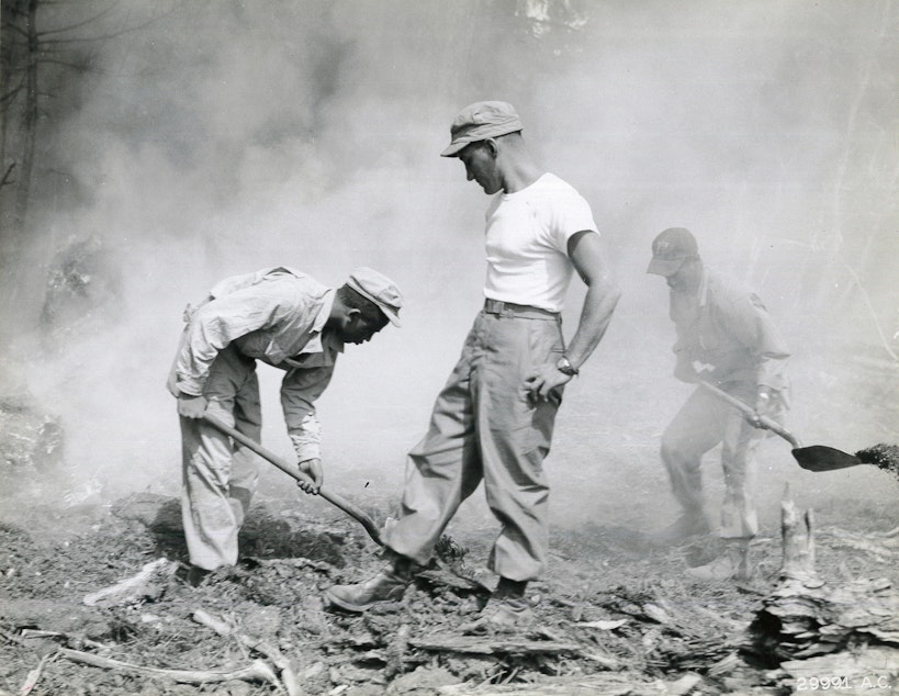 caption: Once on the ground, the 555th parachute infantry wielded shovels and other standard firefighting equipment in cooperation with the U.S. Forest Service.
