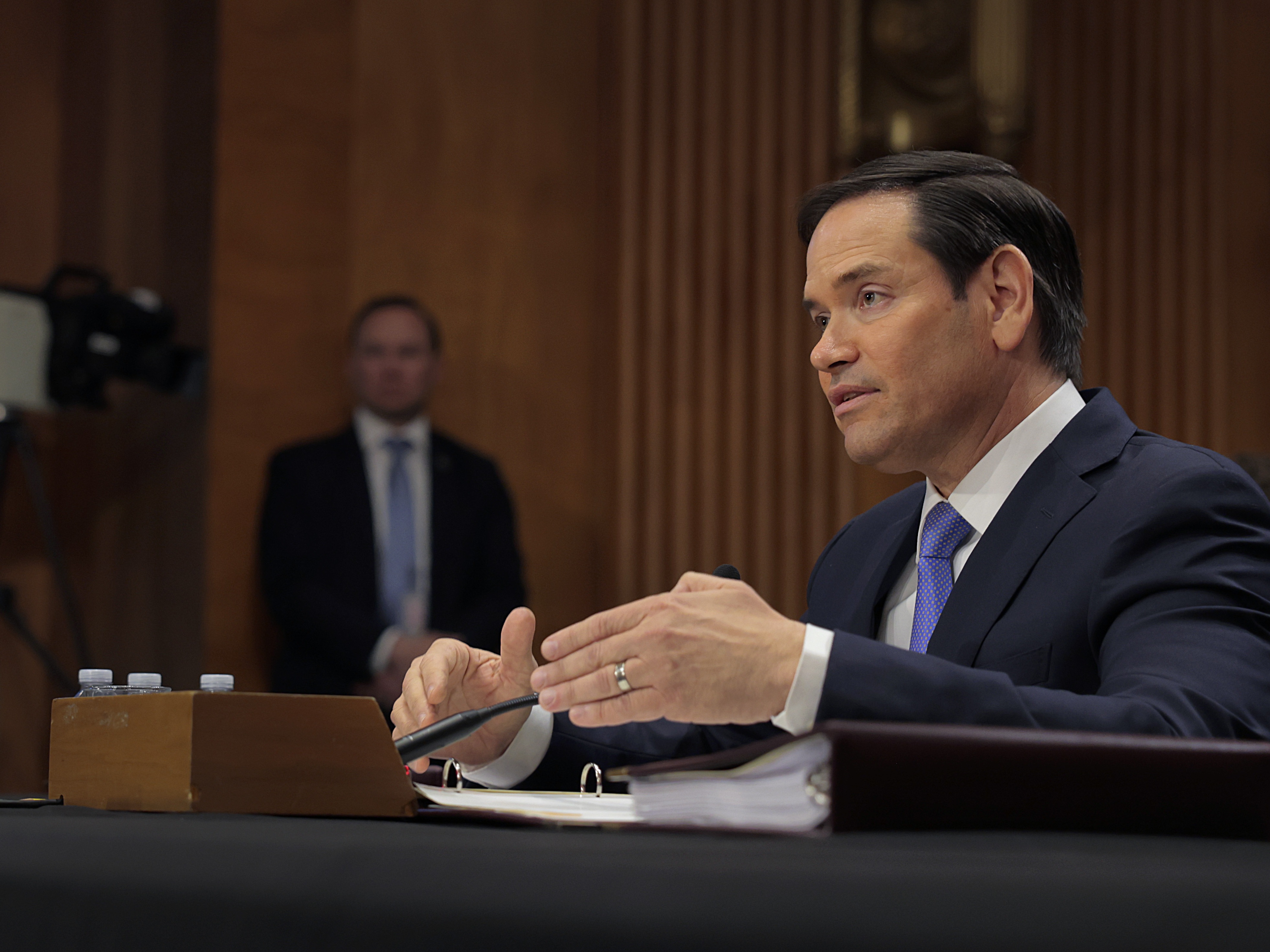 caption: Secretary of State Marco Rubio speaks during a Senate Foreign Relations Committee hearing in the Dirksen Senate Office Building in Washington, D.C., Tuesday.