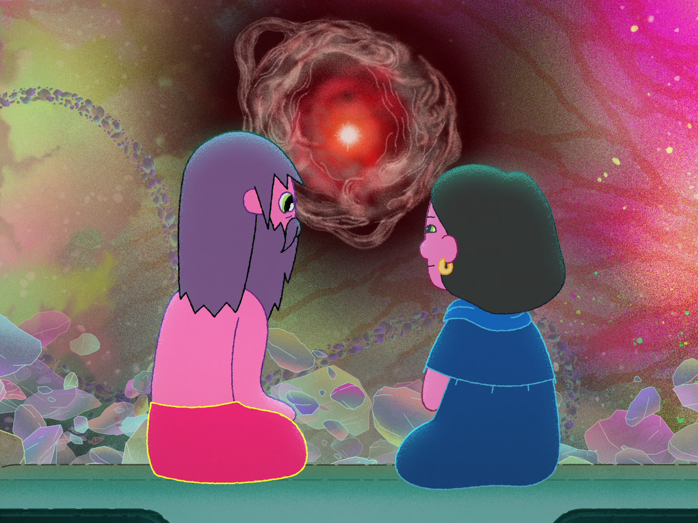 caption: Duncan Trussell and his mom, as imagined in the show <em>The Midnight Gospel</em>.
