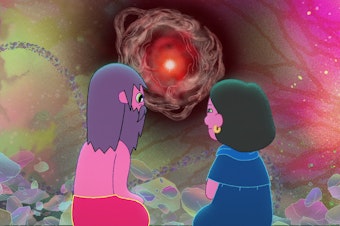 caption: Duncan Trussell and his mom, as imagined in the show <em>The Midnight Gospel</em>.