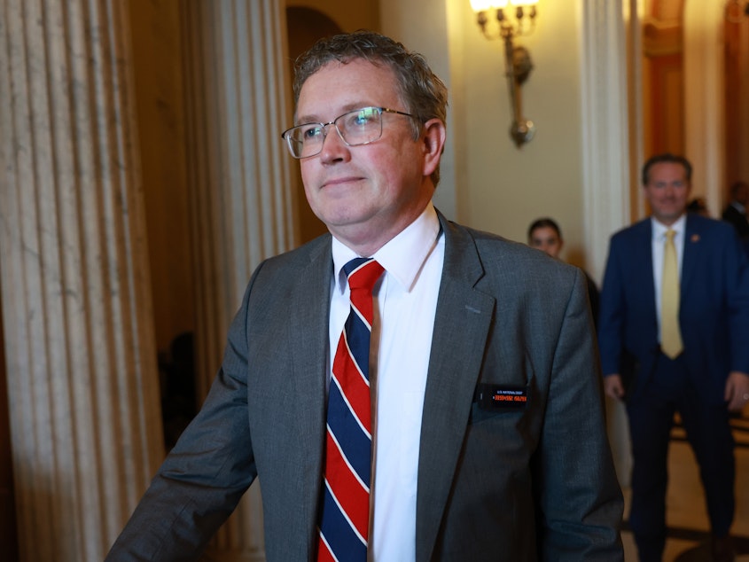 caption: U.S. Rep. Thomas Massie, R-Ky., seen here at the U.S. Capitol in October 2023, said he called on House Speaker Mike Johnson to resign.