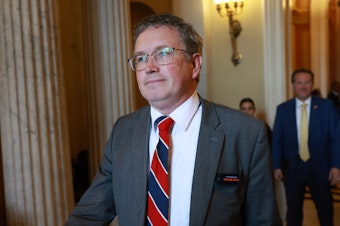 caption: U.S. Rep. Thomas Massie, R-Ky., seen here at the U.S. Capitol in October 2023, said he called on House Speaker Mike Johnson to resign.