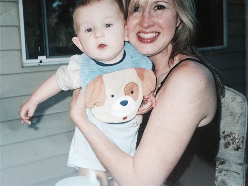 caption: Linda Dahlstrom Anderson with her son Phoenix on Father's Day
