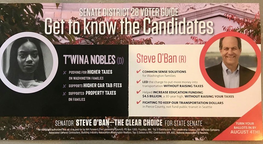 caption: Attack mailer that was sent this July against Democrat T'wina Nobles who is running against Republican Steve O'Ban in the 28th district