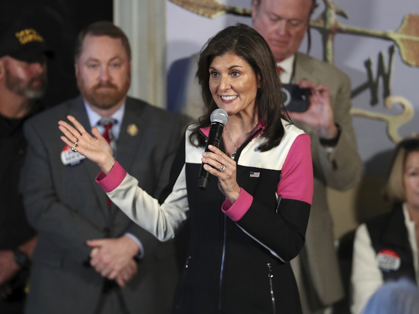 caption: Republican presidential candidate former UN Ambassador Nikki Haley speaks at a campaign event on Thursday, Feb. 1, 2024, in Columbia, S.C.