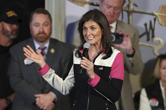 caption: Republican presidential candidate former UN Ambassador Nikki Haley speaks at a campaign event on Thursday, Feb. 1, 2024, in Columbia, S.C.