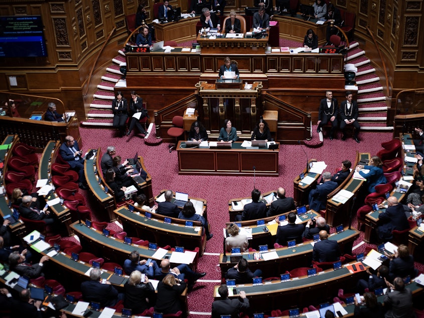caption: View of the hemicycle of the French Senate in Paris during the debate on enshrining abortion in the constitution, on Feb. 28.