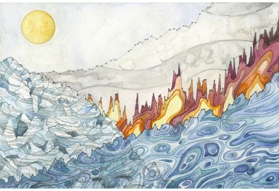 caption: Jill Pelto's work incorporates elements of charts and graphs to illustrate the changing landscapes of the Northwest. Here, wildfires are on the rise along with sea levels, while glacier levels are decreasing.