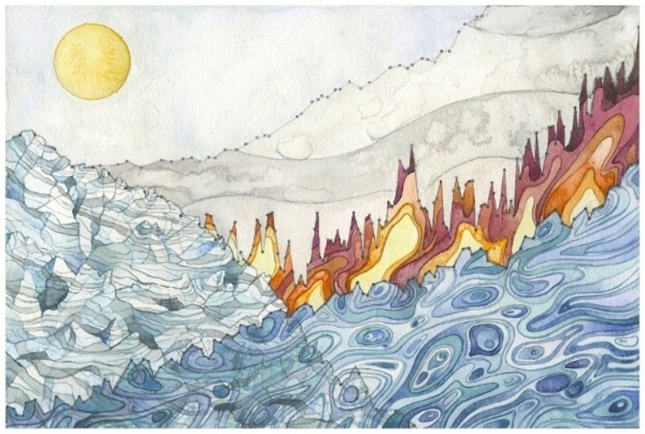 caption: Jill Pelto's work incorporates elements of charts and graphs to illustrate the changing landscapes of the Northwest. Here, wildfires are on the rise along with sea levels, while glacier levels are decreasing.