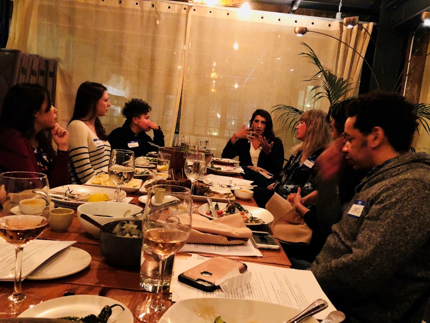 caption: Curiosity Club's inaugural cohort in-conversation at The Cloud Room in Seattle during the Club's second gathering. February 21, 2019.  