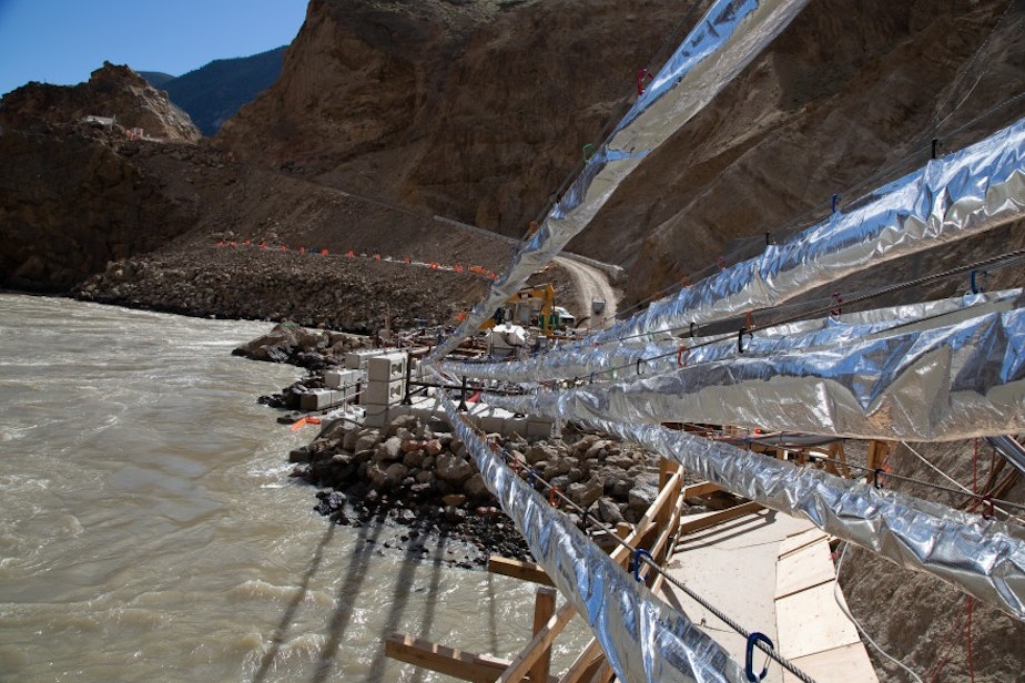 caption: A fish passage technology developed by Whooshh Innovations transported 8,200 salmon around a massive landslide on the Fraser River in a remote part of British Columbia.