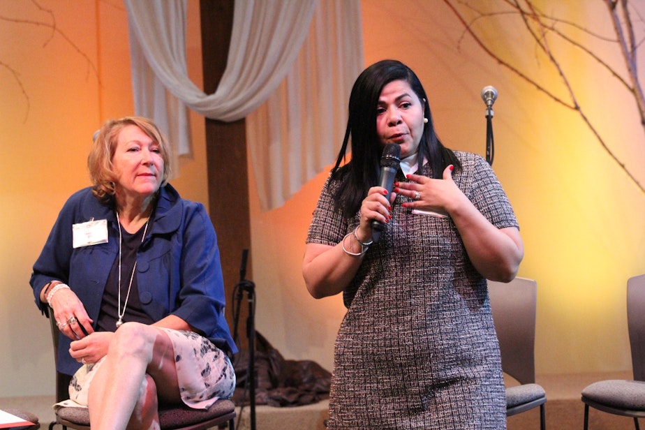 caption: Tammy Fisher, left, and Maria Barrios, right, speaking at a recent meeting of the East Side Chapter of the National Association of Mental Illness about the importance of early treatment for anxiety. 