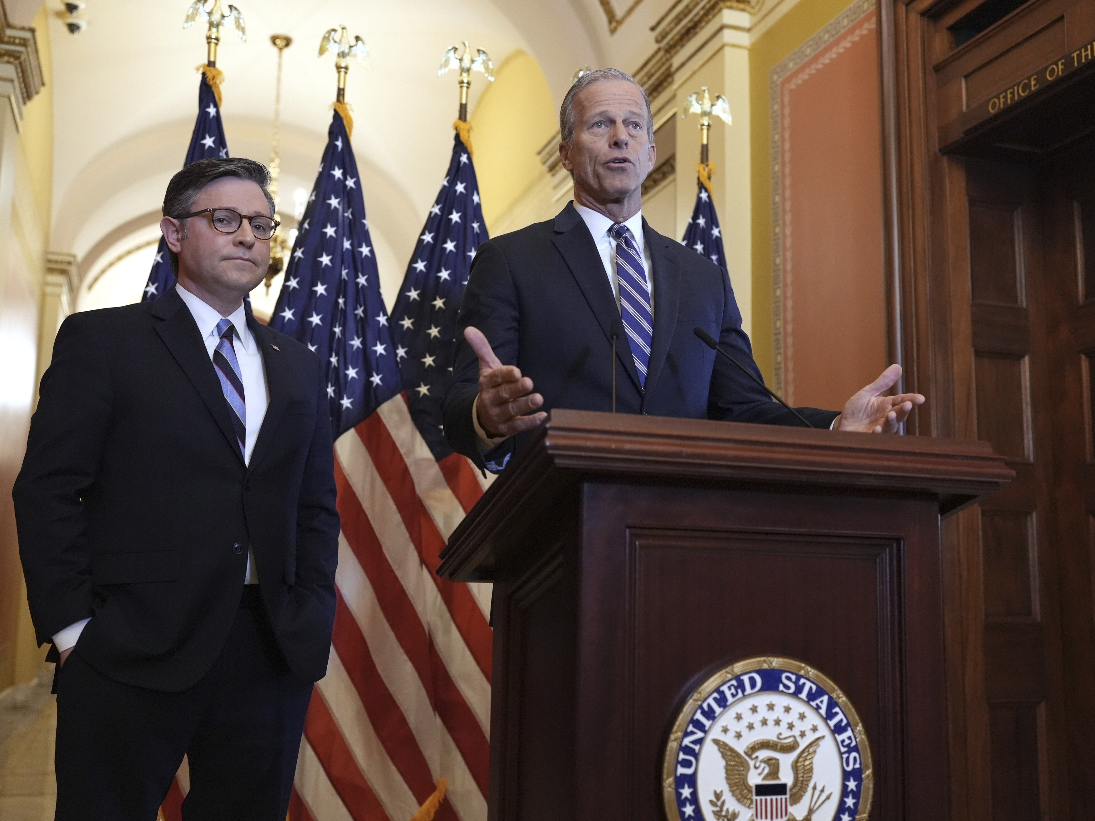 caption: Speaker of the House Mike Johnson, R-La., left, and Senate Majority Leader John Thune, R-S.D., speak to reporters the U.S. Capitol on April 10. The Senate hopes to pass legislation in the coming weeks to enact President Trump's domestic policy priorities — a bill that has already cleared the House.