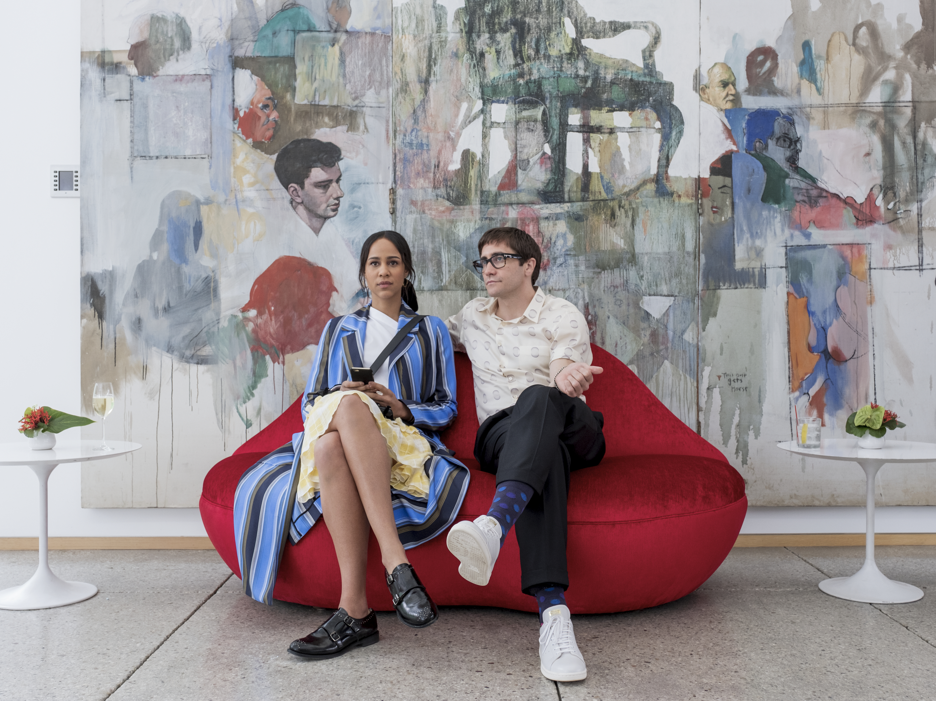 caption: As in Dan Gilroy's previous film, Jake Gyllenhaal stars in the comedy-horror hybrid <em>Velvet Buzzsaw. </em>Gyllenhaal plays an art critic named Morf, while Zawe Ashton plays gallery assistant Josephina.