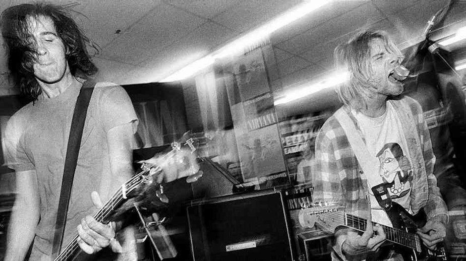 caption: Krist Novoselic and Kurt Cobain, "Nevermind" release at Beehive Records in Seattle on Sept. 16, 1991.