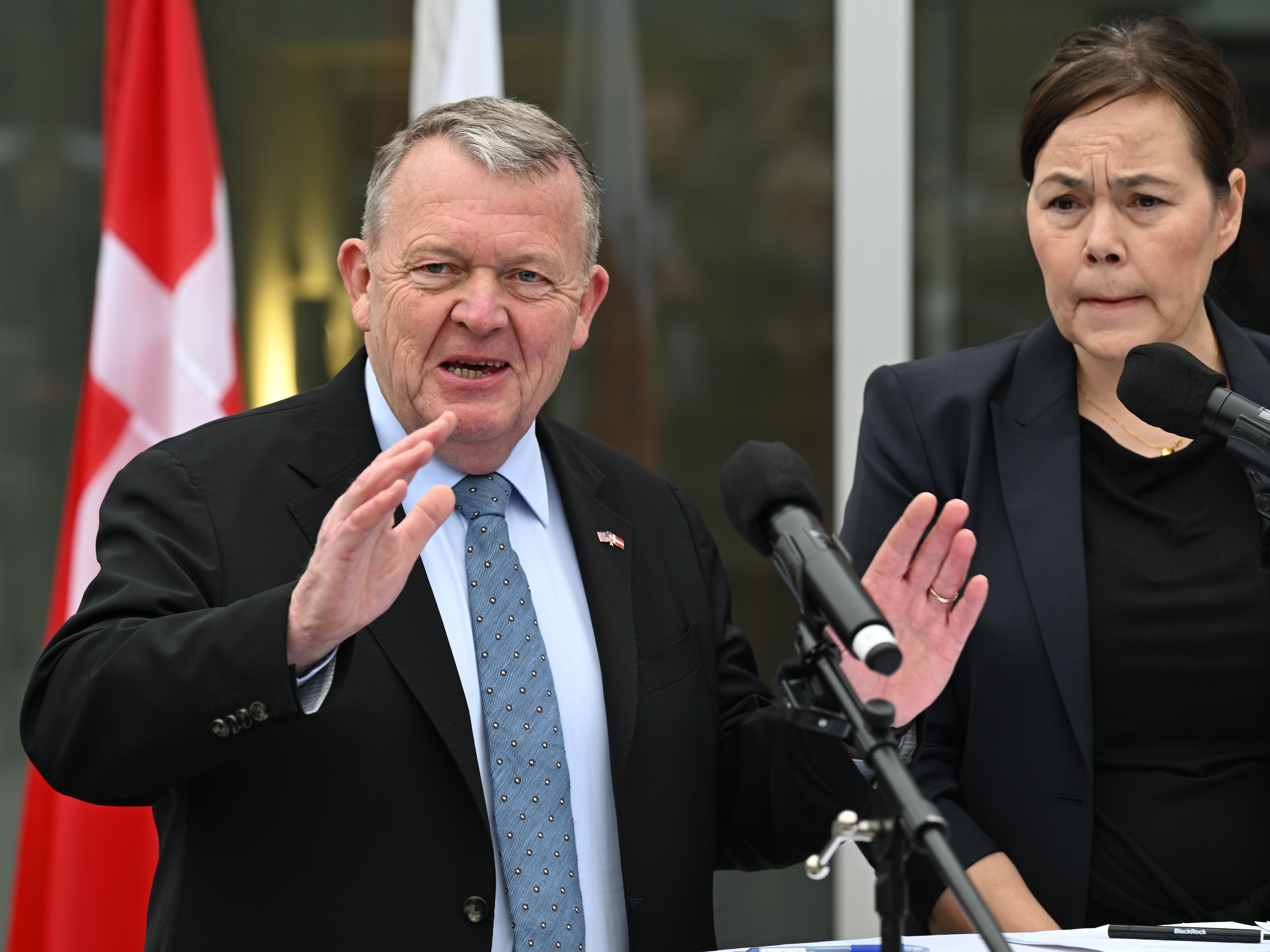 caption: Denmark's Foreign Minister Lars Løkke Rasmussen and Greenland's Foreign Minister Vivian Motzfeldt speak at a news conference at the Embassy of Denmark in Washington, D.C., on Wednesday.