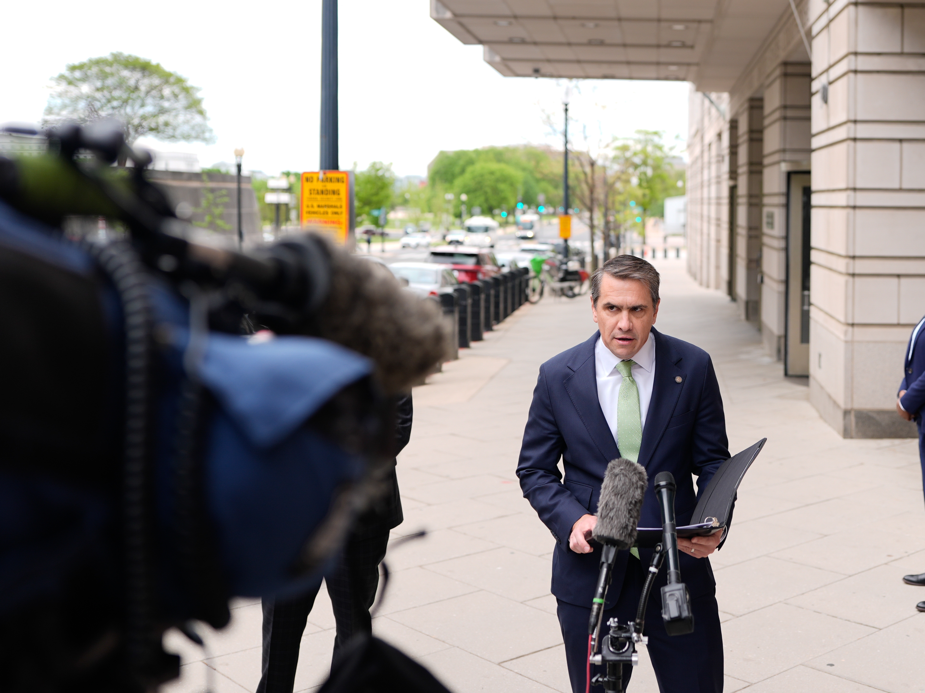 caption: Todd Blanche, U.S. deputy attorney general, speaks to members of the media outside federal court in Washington, D.C., on April 21.