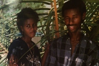 caption: The author's parents, Fetiha Omer and Abdul-Basit Hassan, in Somalia