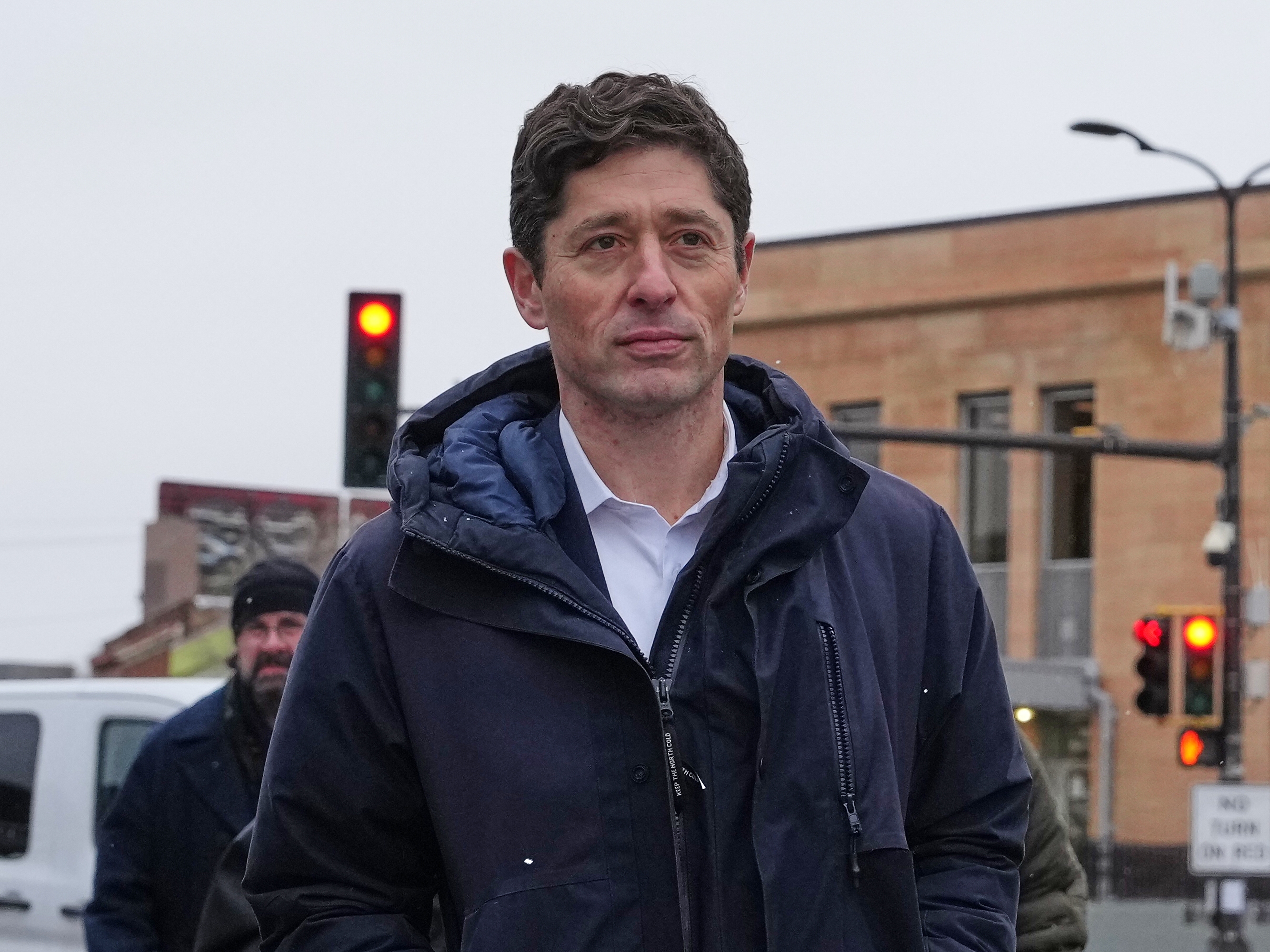 caption: Minneapolis Mayor Jacob Frey is seen Friday, Jan. 16, 2026, in Minneapolis.