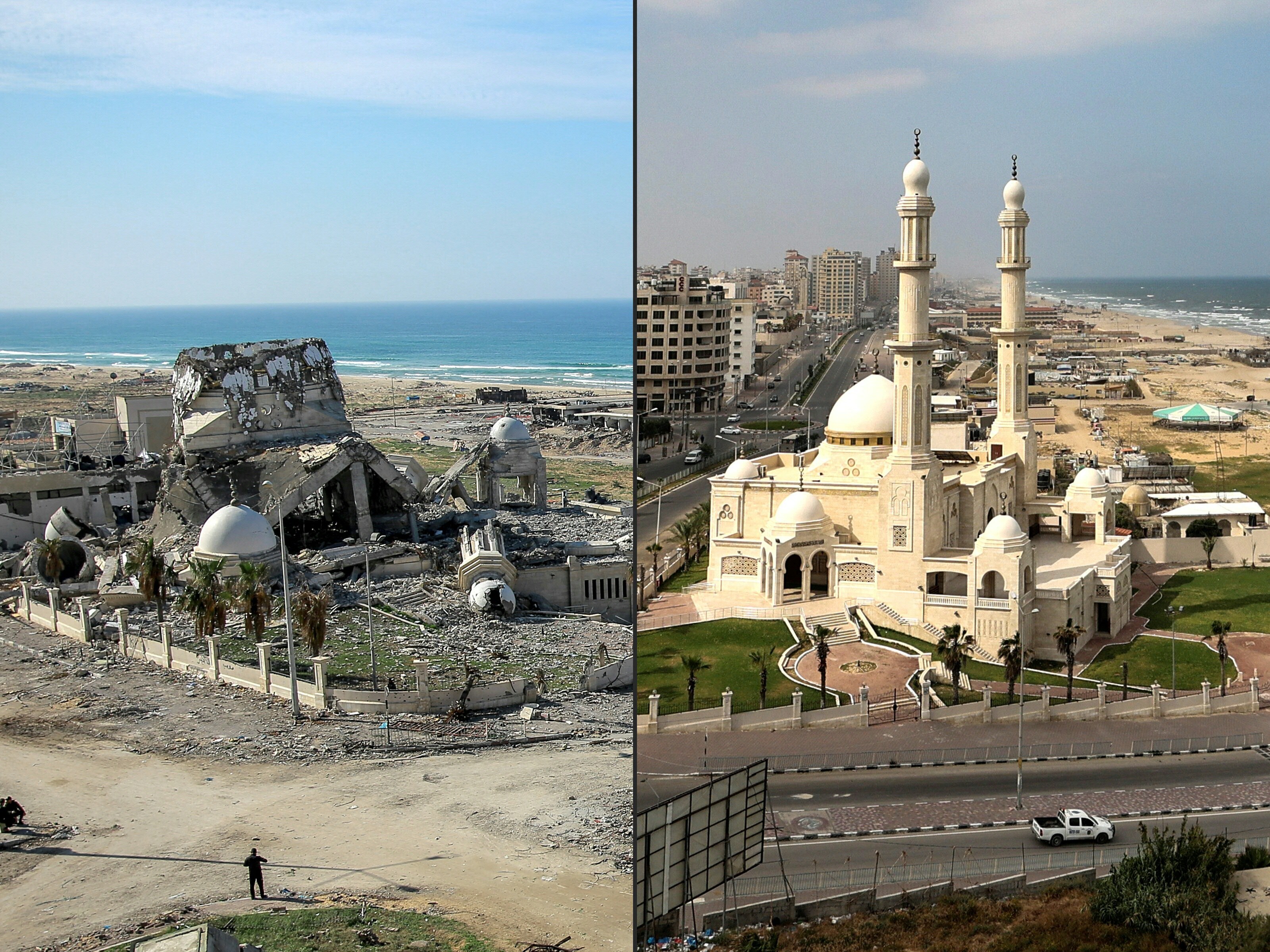 caption: "Unprecedented destruction of heritage sites has severed vital connections between the people of Gaza and its urban fabric," the World Monuments Fund says in its 2025 Watch list. Above, Al-Hassaina Mosque and the seaport in Gaza City pictured on Jan. 26, 2021 (right), and again on January 6, 2024, (left).<br>