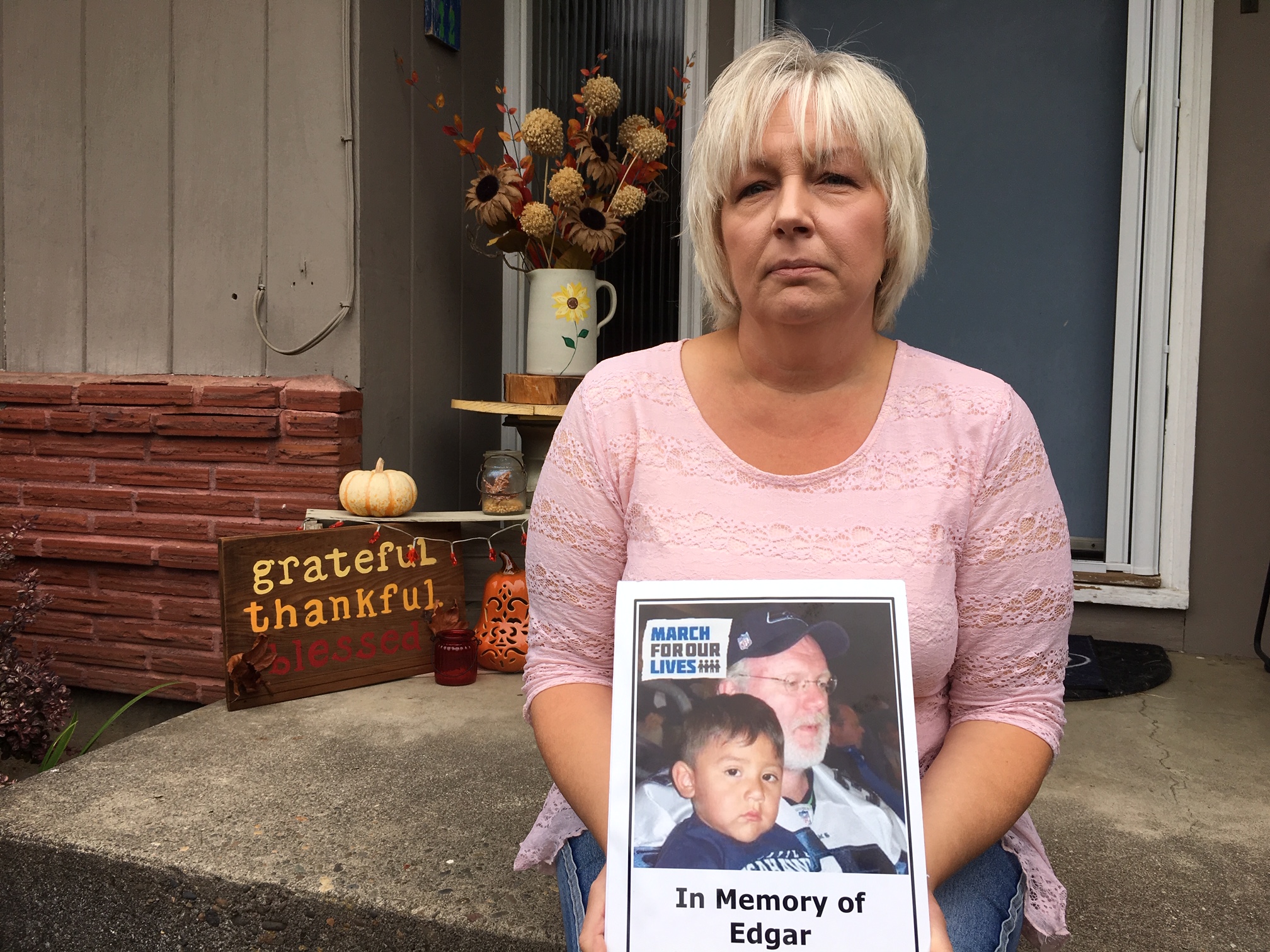 caption: Carla Tolle's 13-year-old grandson Edgar Vazquez of Kelso, Washington was killed in an accidental shooting involving an unsecured shotgun. She is now campaigning for I-1639.