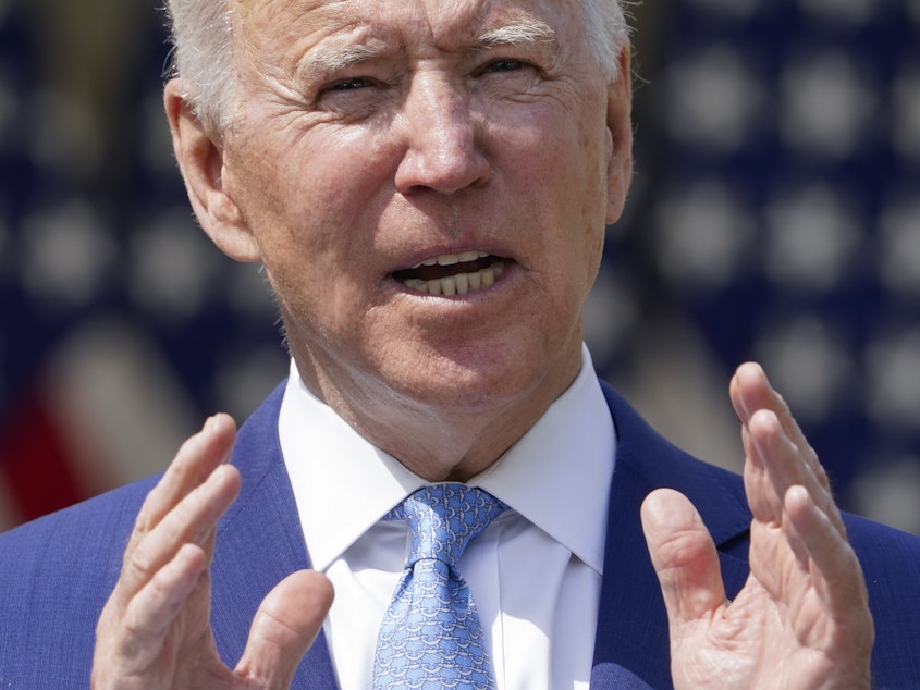 caption: The White House has unveiled a $1.5 trillion budget outline for fiscal year 2022, including $2.1 billion for gun violence prevention. Above, President Biden speaks about gun violence in the Rose Garden on April 8, 2021.
