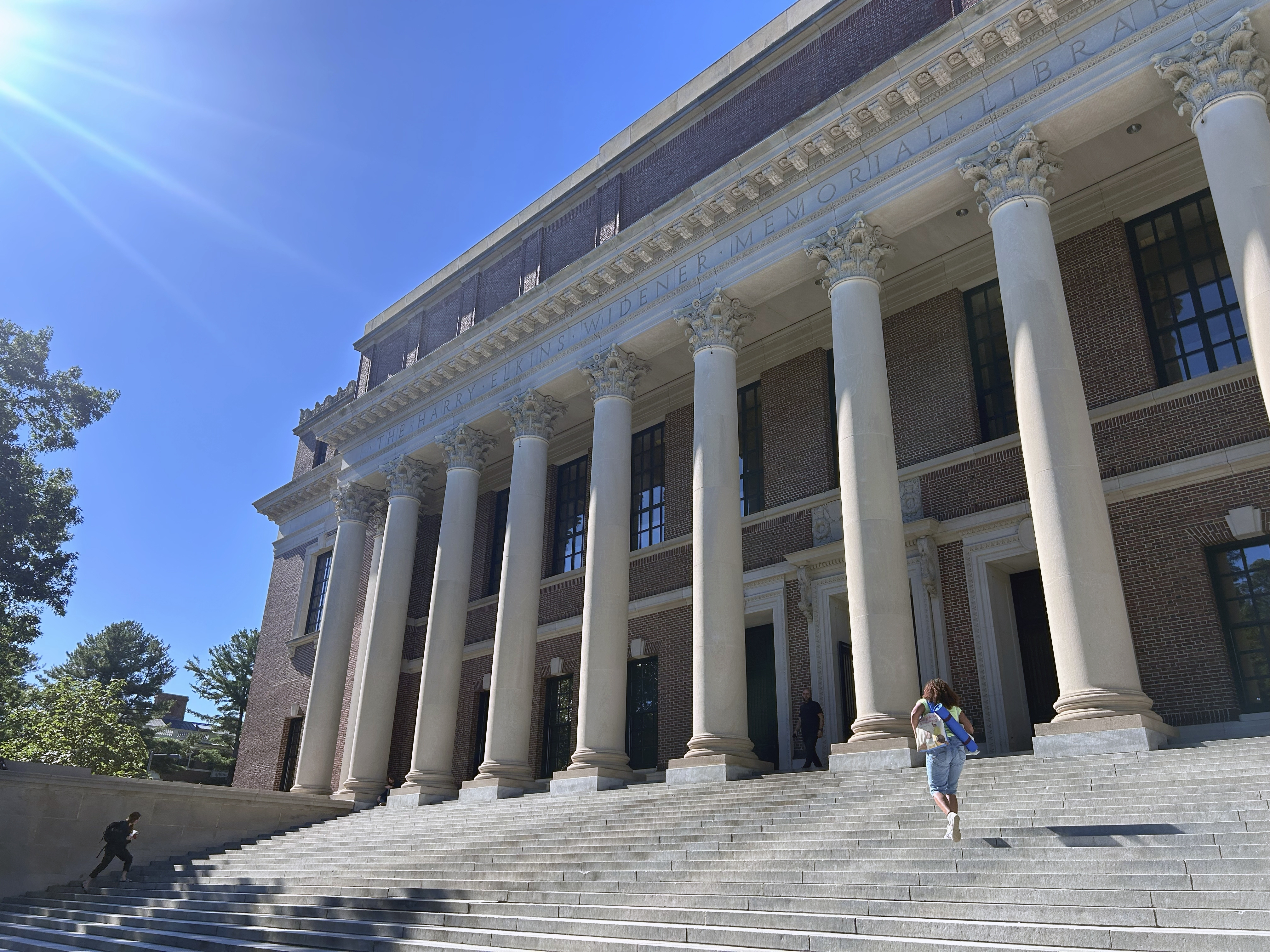 caption: Students walk up the steps of the Harry Elkins Widener Memorial Library on the campus of Harvard University.