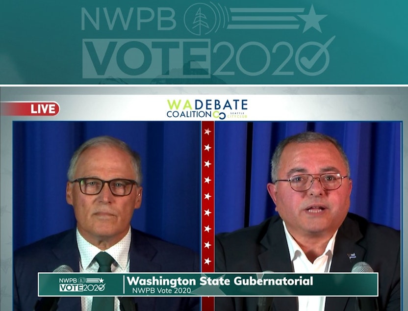caption: Incumbent Gov. Jay Inslee met with his GOP challenger, Republic Police Chief Loren Culp, on Wednesday, Oct. 7, for a debate sponsored by the Washington State Debate Coalition and broadcast statewide.