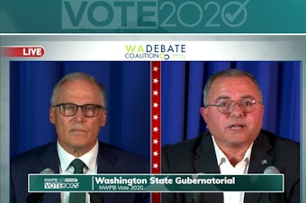 caption: Incumbent Gov. Jay Inslee met with his GOP challenger, Republic Police Chief Loren Culp, on Wednesday, Oct. 7, for a debate sponsored by the Washington State Debate Coalition and broadcast statewide.
