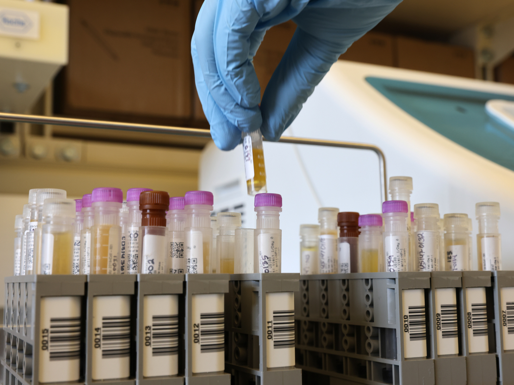 caption: Researchers at the University of Washington Medicine Retrovirology Lab at Harborview Medical Center in Seattle process samples from Novavax's phase 3 COVID-19 vaccine clinical trial in February 2021.