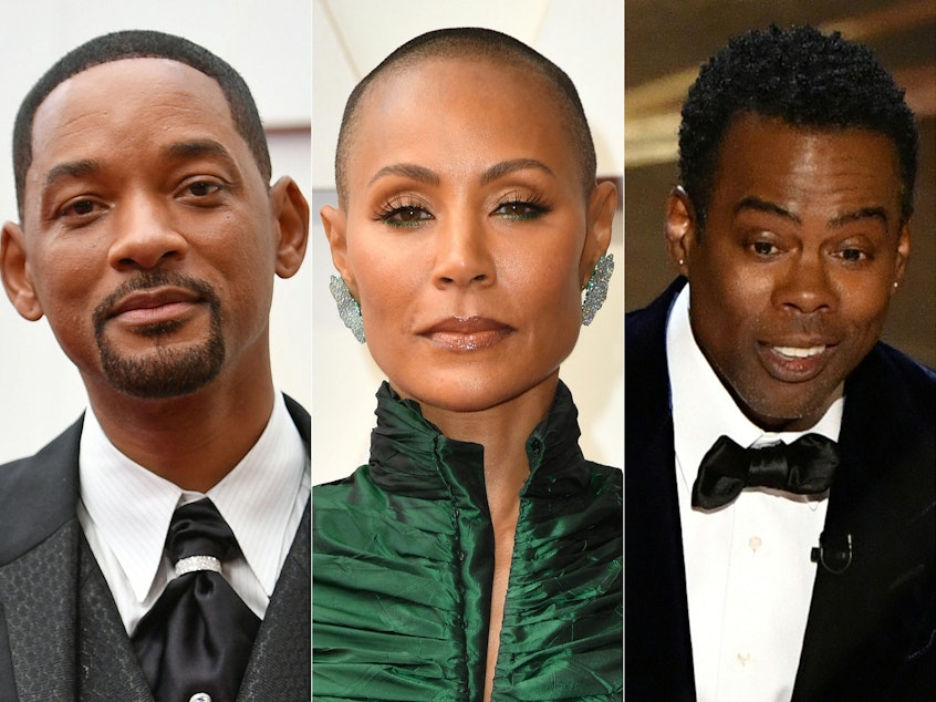 caption: Composite image of Will Smith, Jada Pinkett Smith, and Chris rock at the 94th Oscars at the Dolby Theatre in Hollywood, California on March 27, 2022.